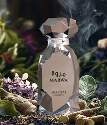 Faceted Marwa Arabian oud perfume bottle with natural herbs and smoke background