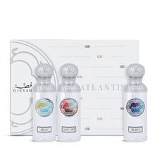 Luxury Gissah Atlantis perfume gift set with three ornate white bottles labeled Atlas, Lost City, Plato.