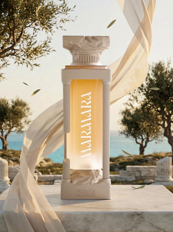 Perfume bottle labeled 'MARA' with a scenic background of trees and water.