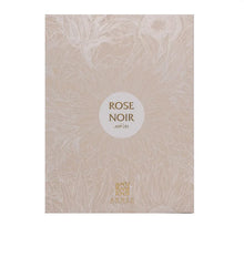 Rose Noir perfume box with floral beige design and gold text, Arabian oud fragrance packaging