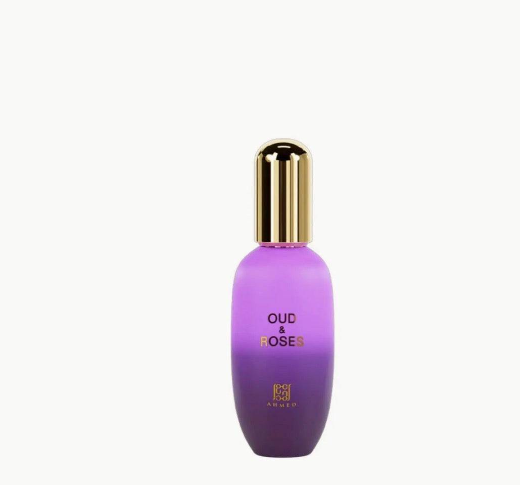 Purple bottle with gold cap labeled 'Oud & Rose' on a white background