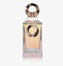 Solitaire Arabian oud perfume bottle with gold decorative cap on white background