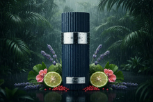Luxury oud perfume bottle with water droplets, surrounded by bergamot, lavender, and flowers in a lush rainforest setting.