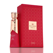 Sultana The Joyful perfume bottle with crown cap and matching red and gold gift box.