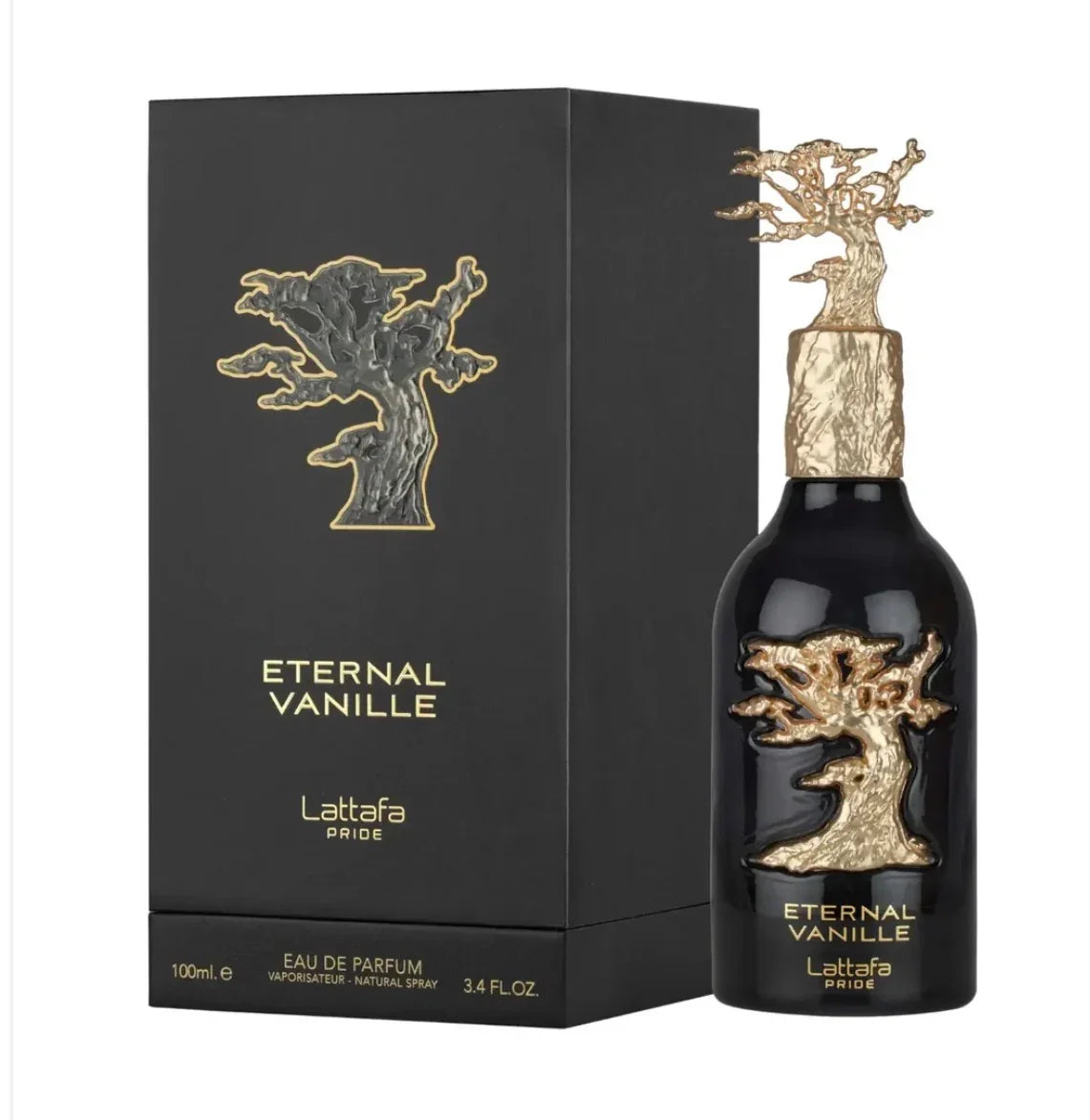 Lattafa Pride Eternal Vanille Eau de Parfum black bottle with gold tree design and matching box