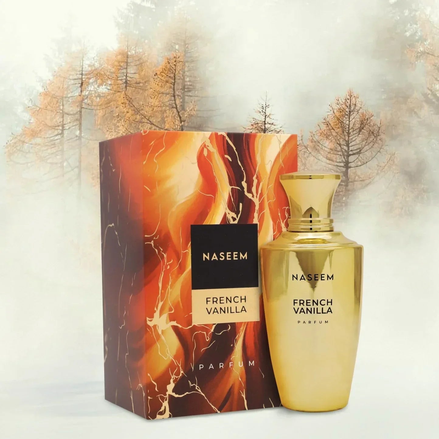 Naseem French Vanilla parfum gold bottle and marbled box with misty forest background