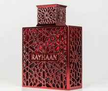 Red Rayhaan Arabian oud perfume bottle with intricate geometric design