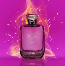 Hawas Diva for Her perfume bottle on pink background with flame and spark effects