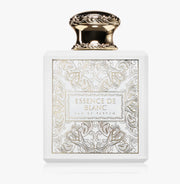 Perfume bottle labeled 'Essence de Blanc' with intricate design on a white background