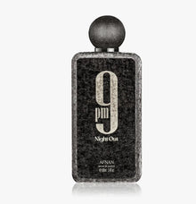 Afnan 9pm Night Out perfume bottle with black textured design on a white background
