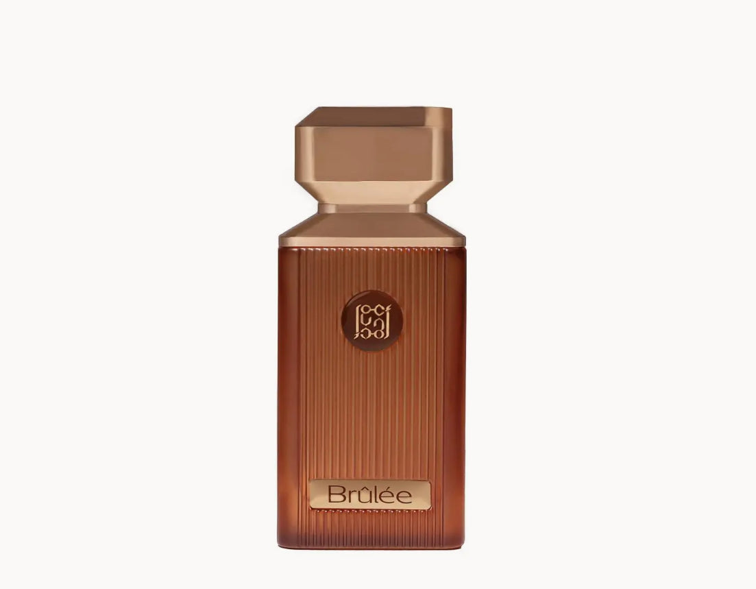 Brown perfume bottle with gold cap on a white background