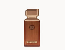 Elegant brown Brûlée Arabian oud perfume bottle with gold cap and label on white background