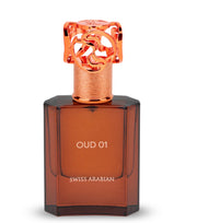 Perfume bottle labeled 'OUD 01' by Swiss Arabian on a white background