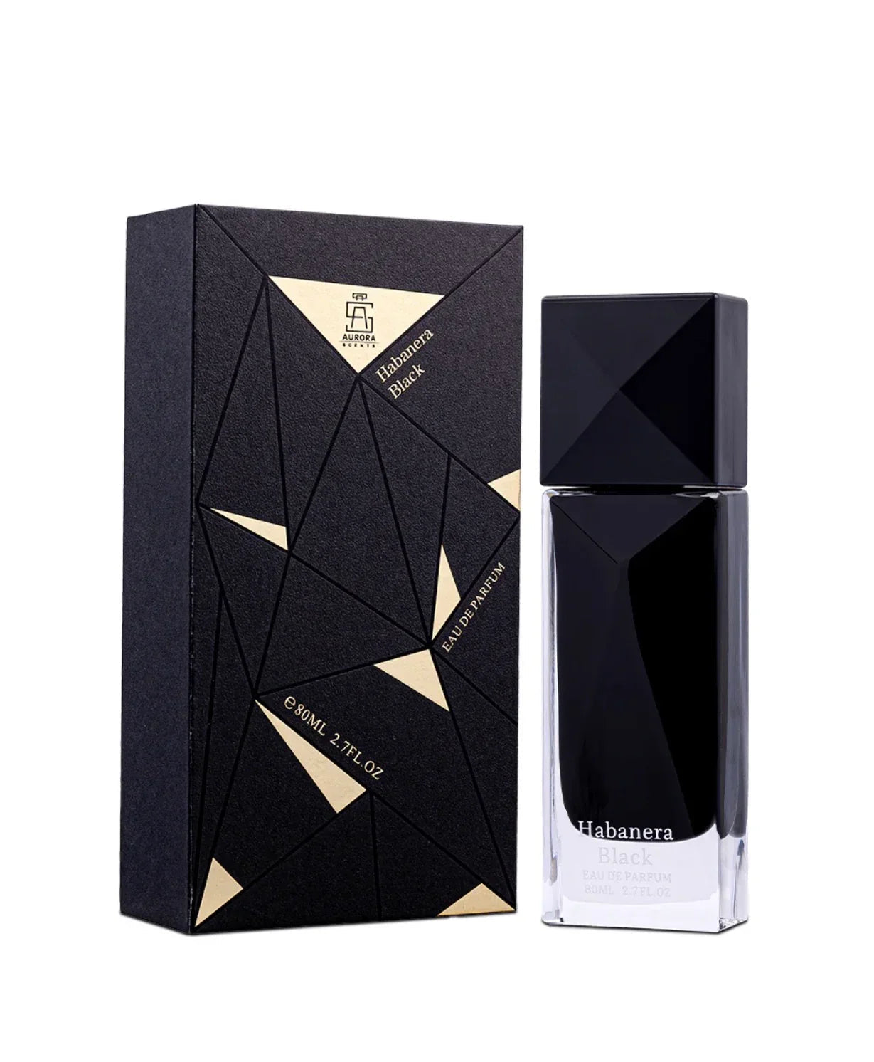 Habanera Black eau de parfum 80ml with geometric black and gold packaging, luxury Arabian fragrance
