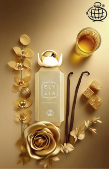 Gold Elysia Sugar Patchouli perfume bottle with vanilla pods, flowers, sugar cubes, and a golden drink