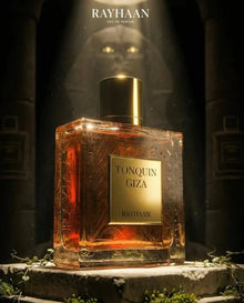 Luxury Rayhaan Tonquin Giza perfume bottle with gold cap, ancient Egyptian statue background