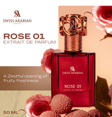Red Swiss Arabian Rose 01 perfume bottle with gold cap, surrounded by pink roses and lychees.