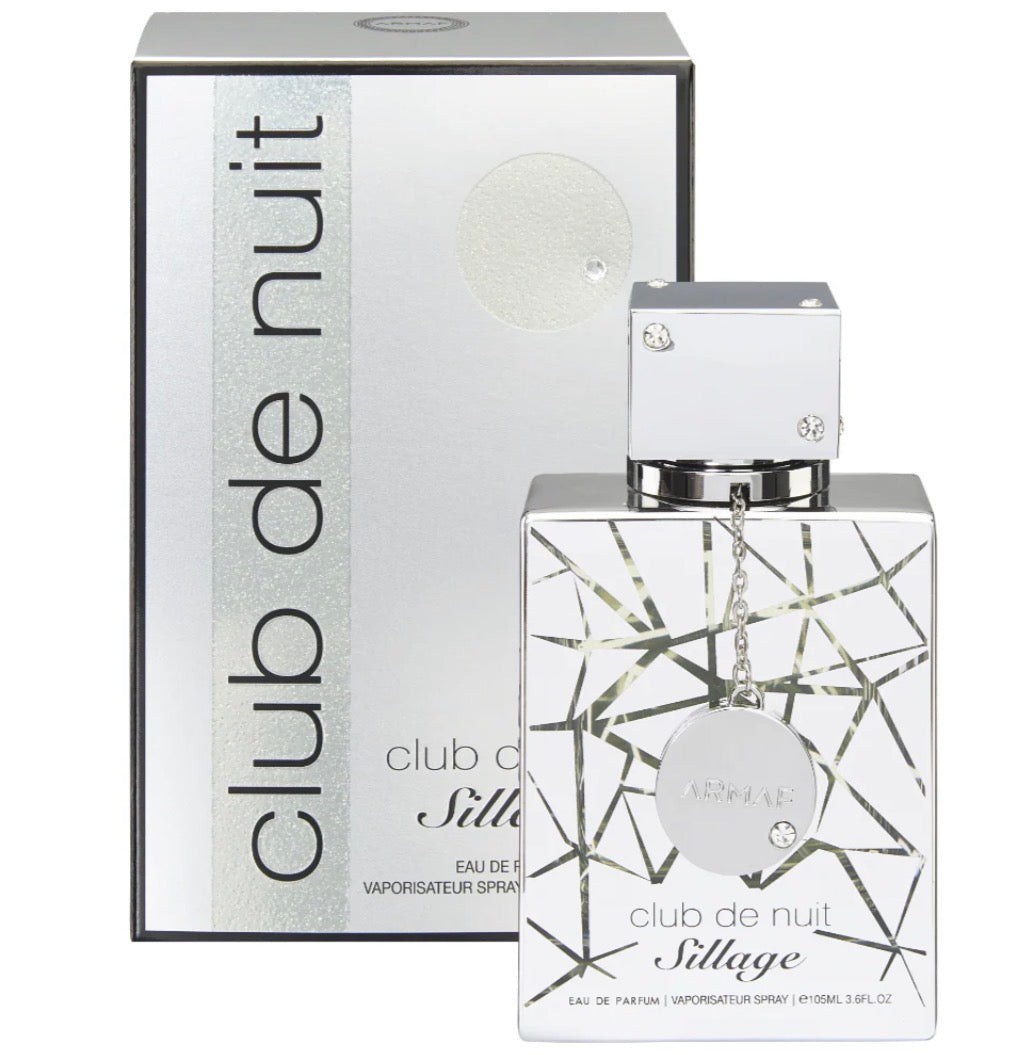 Club de Nuit Sillage perfume bottle and box, silver design, premium oud fragrance