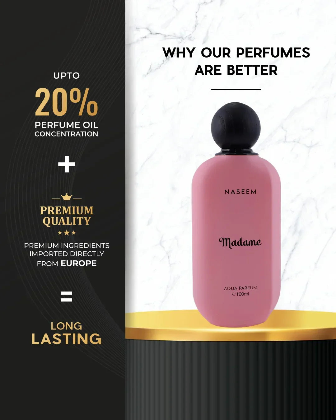 Pink Naseem Madame perfume bottle on marble, highlighting premium quality and long-lasting fragrance.