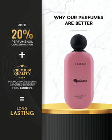 Pink Naseem Madame perfume bottle on marble, highlighting premium quality and long-lasting fragrance.