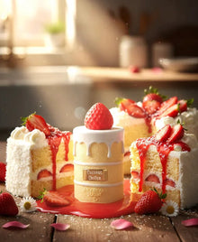 Coconut Chiffon perfume bottle surrounded by strawberry shortcake slices, strawberries, and cream, on a rustic table.
