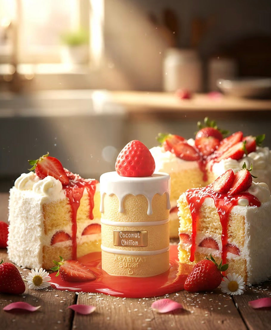 Delicate coconut chiffon cake with strawberry slices on a wooden surface