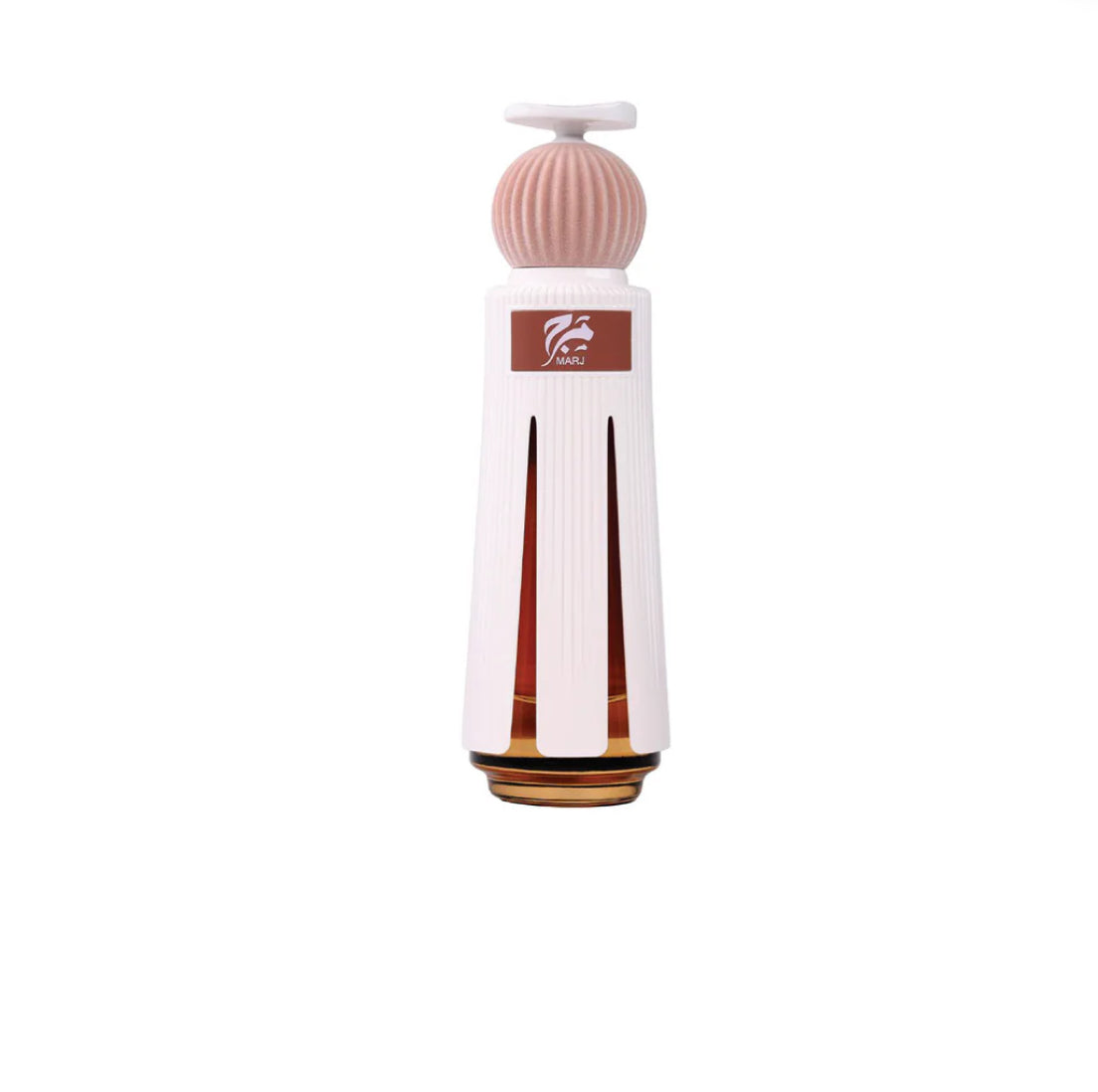 White bottle with a brown label on a white background
