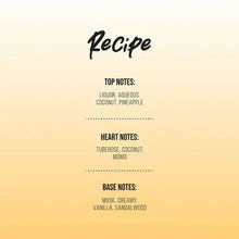 Perfume fragrance note breakdown with top notes of liquor, coconut, pineapple; heart notes of tuberose, monoi, coconut; base notes of musk, vanilla, sandalwood on a yellow gradient background.
