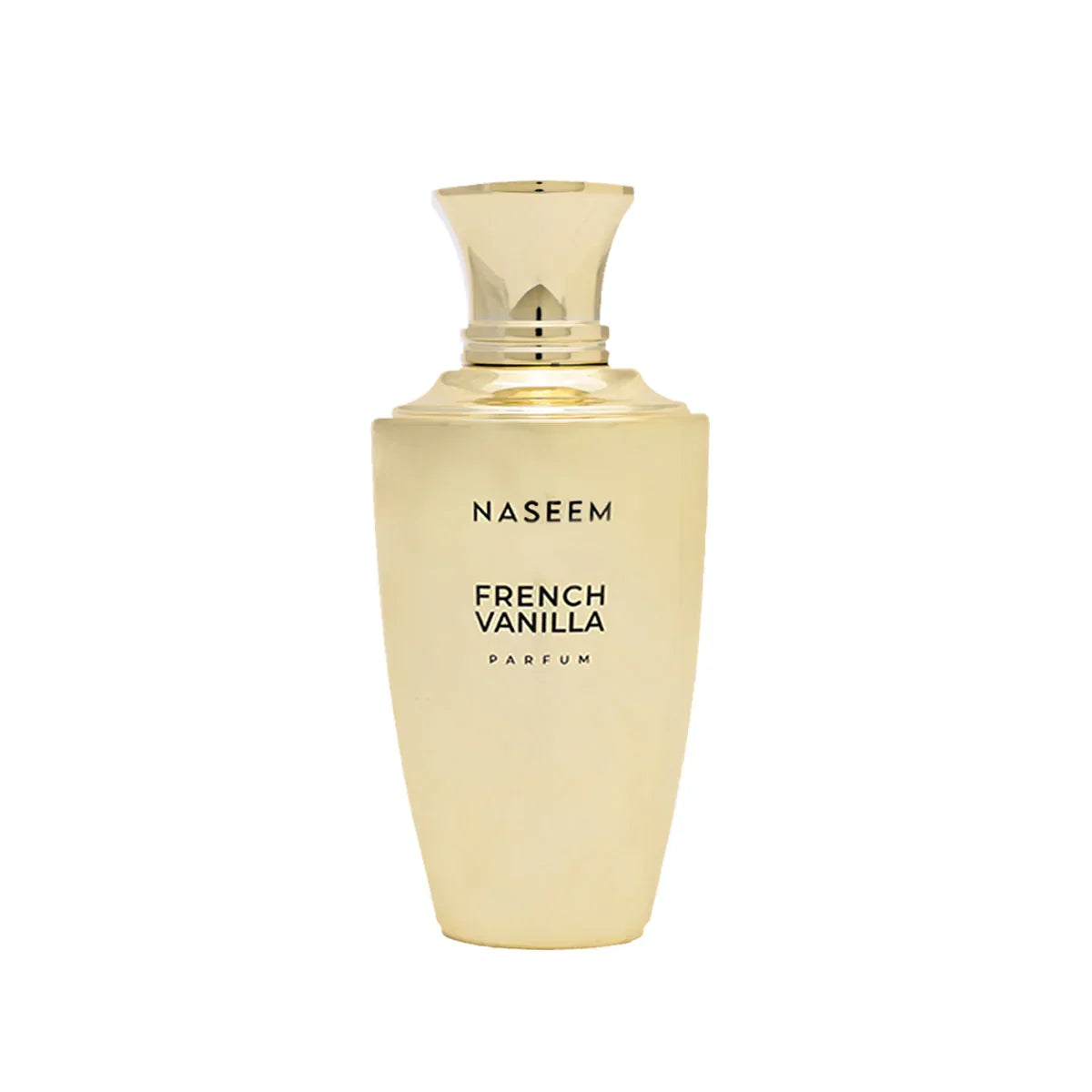 Gold bottle of Naseem French Vanilla parfum on white background, Arabian oud perfume.