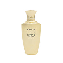 Gold bottle of Naseem French Vanilla parfum on white background, Arabian oud perfume.