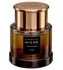 Armaf Niche Oud perfume bottle with gold cap and amber glass for Arabian oud fragrance