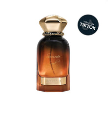 Luxury Summer Oud perfume bottle with gold cap, gradient amber glass, TikTok viral sticker