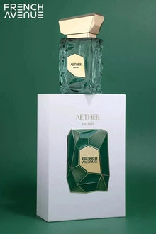 French Avenue Aether Extrait perfume bottle with matching luxury packaging on green background