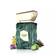 Aether extrait perfume bottle with citrus, pine, and floral notes on a white background