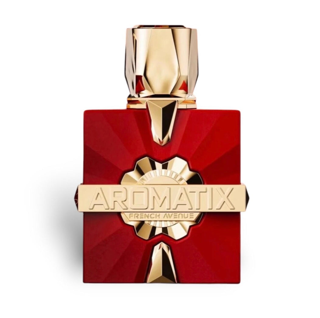 Red and gold Aromatix perfume bottle on a white background