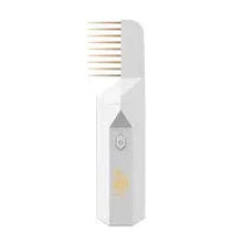 White electric beard straightener comb with gold accents, upright on white background