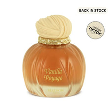 Vanilla Voyage Arabian oud perfume bottle with gold accents and decorative cap, back in stock.