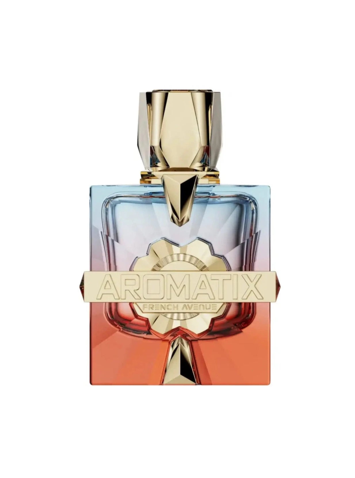 Perfume bottle with gold cap and base on a white background