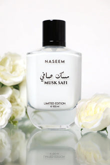 Naseem Musk Safi perfume bottle limited edition 100ml with white roses, Arabian fragrance