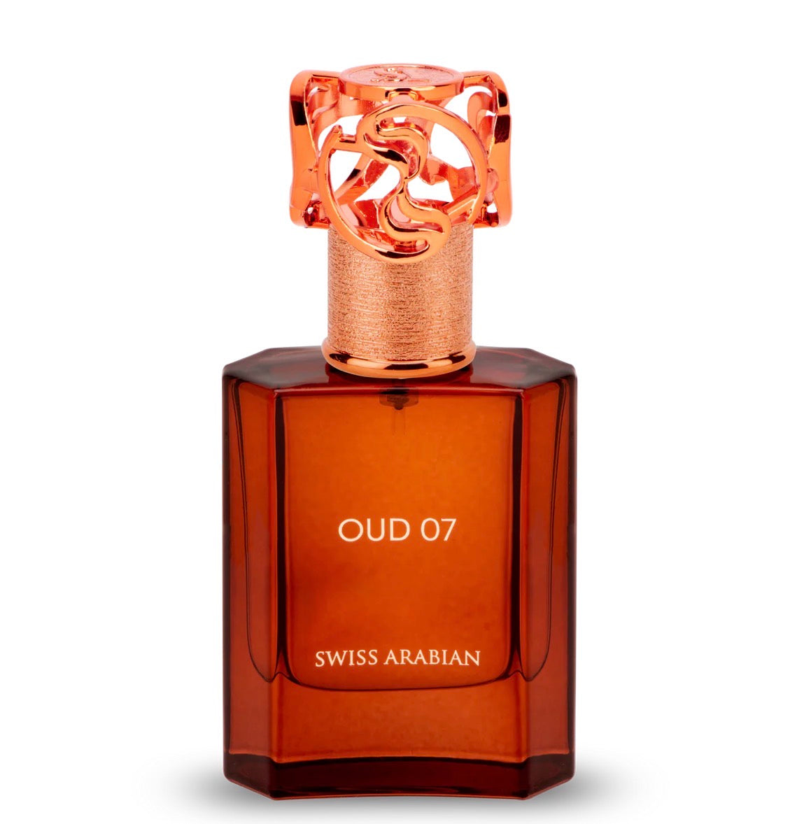 Swiss Arabian Oud 07 perfume bottle with rose gold cap on a white background