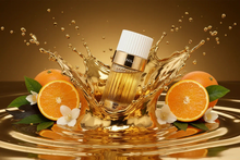 Vanilla perfume bottle with gold splash, fresh oranges, and white jasmine flowers