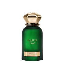 Ignite Oud Arabian perfume in green bottle with gold cap, luxury fragrance product