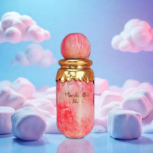 Pink and gold Marshmallow Blush perfume bottle surrounded by marshmallows and pastel clouds.