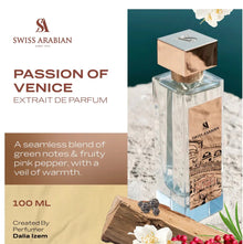 Swiss Arabian Passion of Venice Extrait de Parfum bottle with wood, pepper, and flower notes.