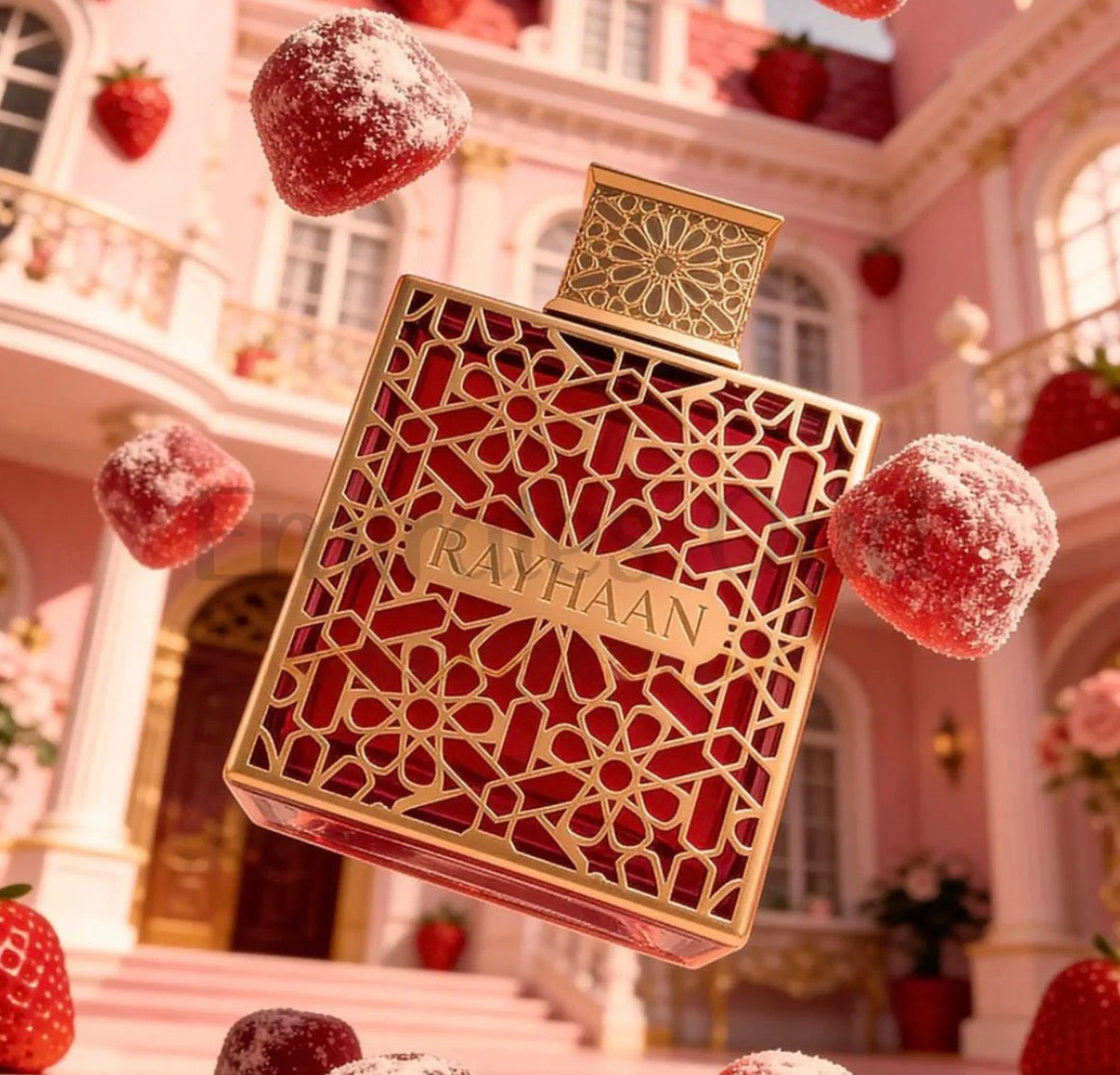 Rayhaan perfume bottle with decorative patterns in a pink building setting with strawberries.
