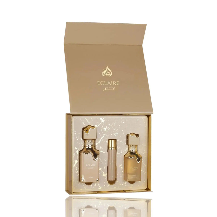 Lattafa Eclaire Gift Set – 100ml Eau de Parfum, 12ml Travel Spray & 50ml Hair Mist - Sweet Gourmand Vanilla, Caramel