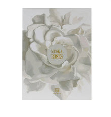 Musk & Roses Arabian perfume box with large white floral design and gold lettering