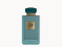 Blu Oud perfume bottle, teal glass with gold label, Arabian oud fragrance, 100ml