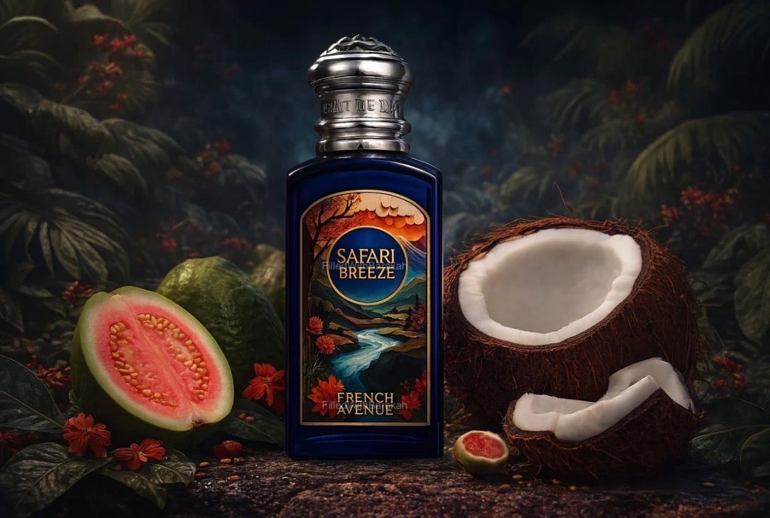 Safari Breeze perfume bottle with tropical fruits on a dark background