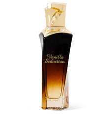 Vanilla Seduction eau de parfum bottle with gold cap and gradient amber design